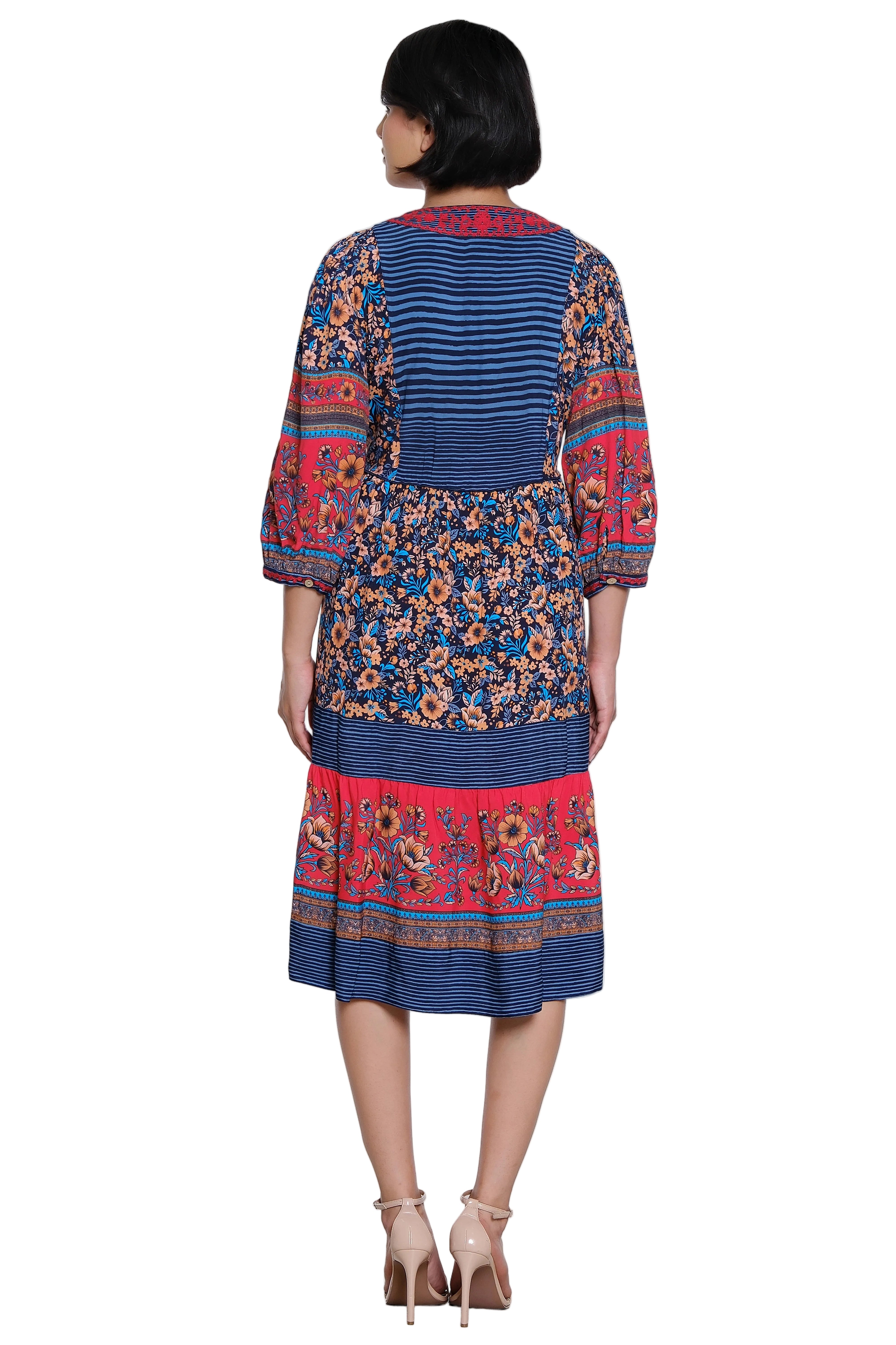 John Mark Woven Mix Print 3/4 Sleeve Dress With Embroidery And V-Neck (J36772DM) (Floral Multi ) )