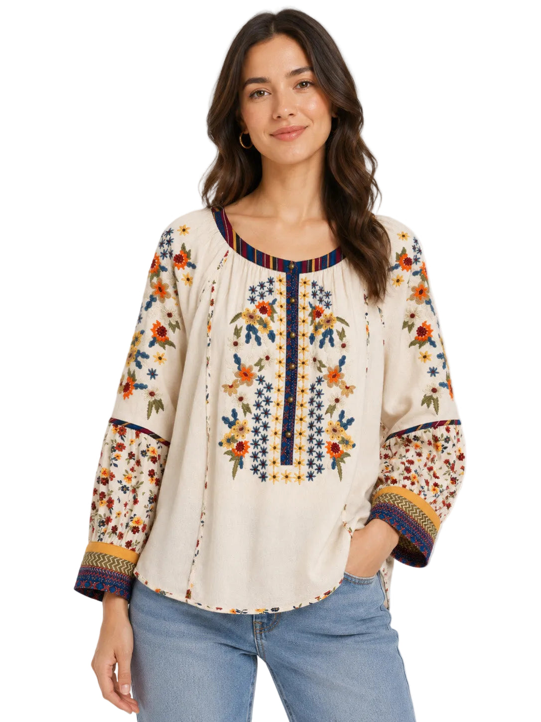 John Mark Woven Embroidered Button Front Popover (J36839TM) (Cream)