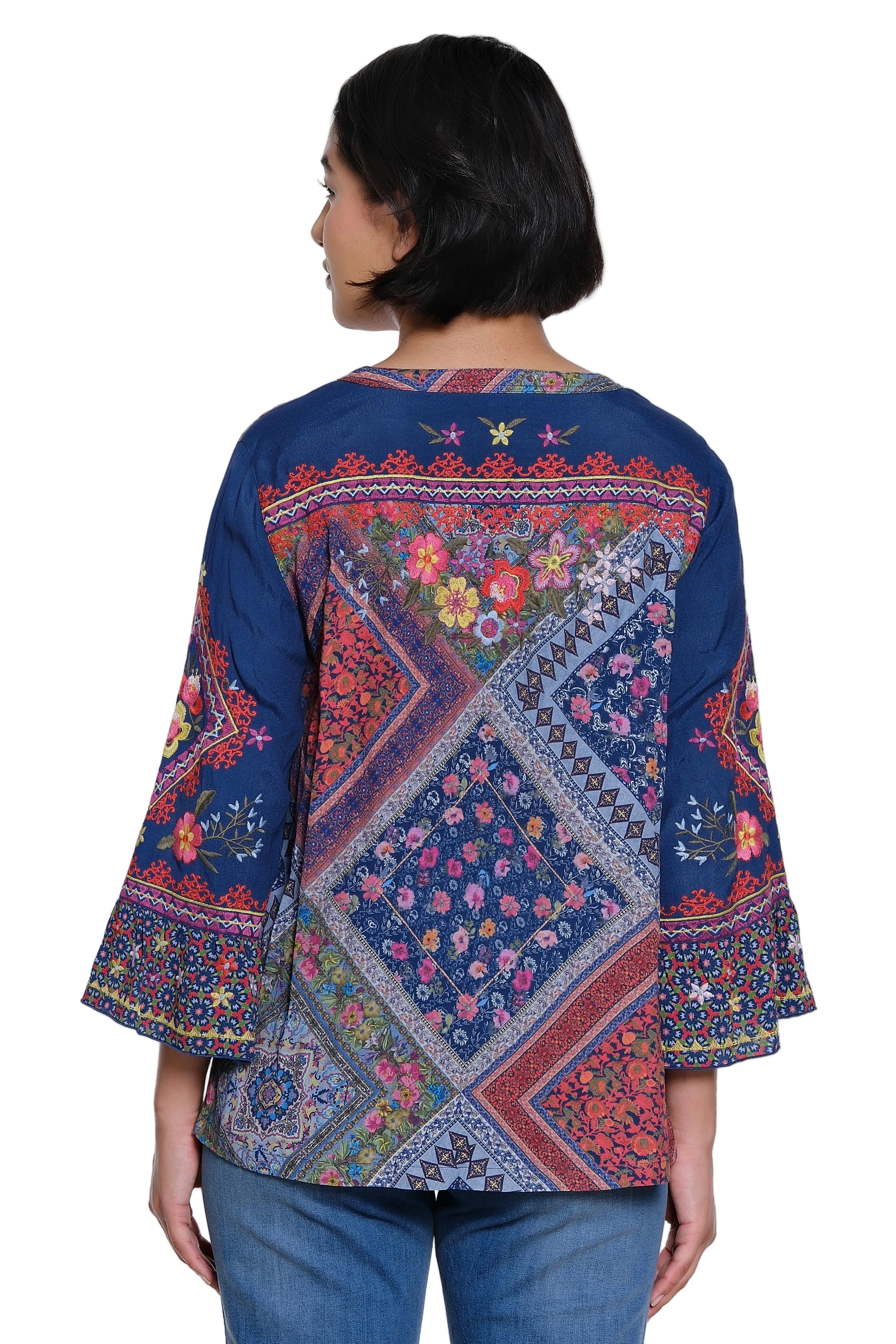 John Mark Woven Multi Print Embroidered 3/4 Ruffle Sleeve Tunic (J36840TM) (Multi)