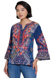 John Mark Woven Multi Print Embroidered 3/4 Ruffle Sleeve Tunic (J36840TM) (Multi)