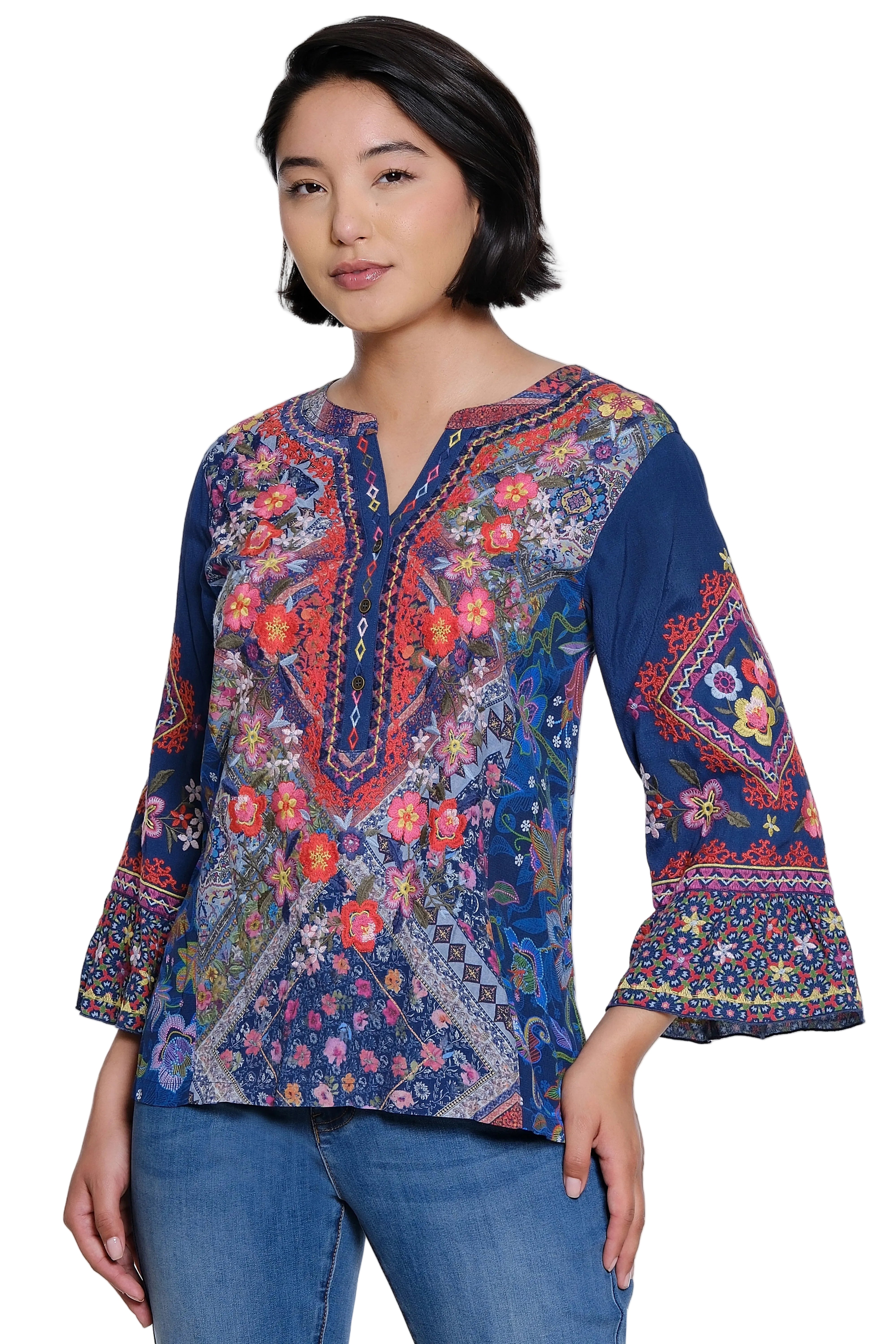 John Mark Woven Multi Print Embroidered 3/4 Ruffle Sleeve Tunic (J36840TM) (Multi)