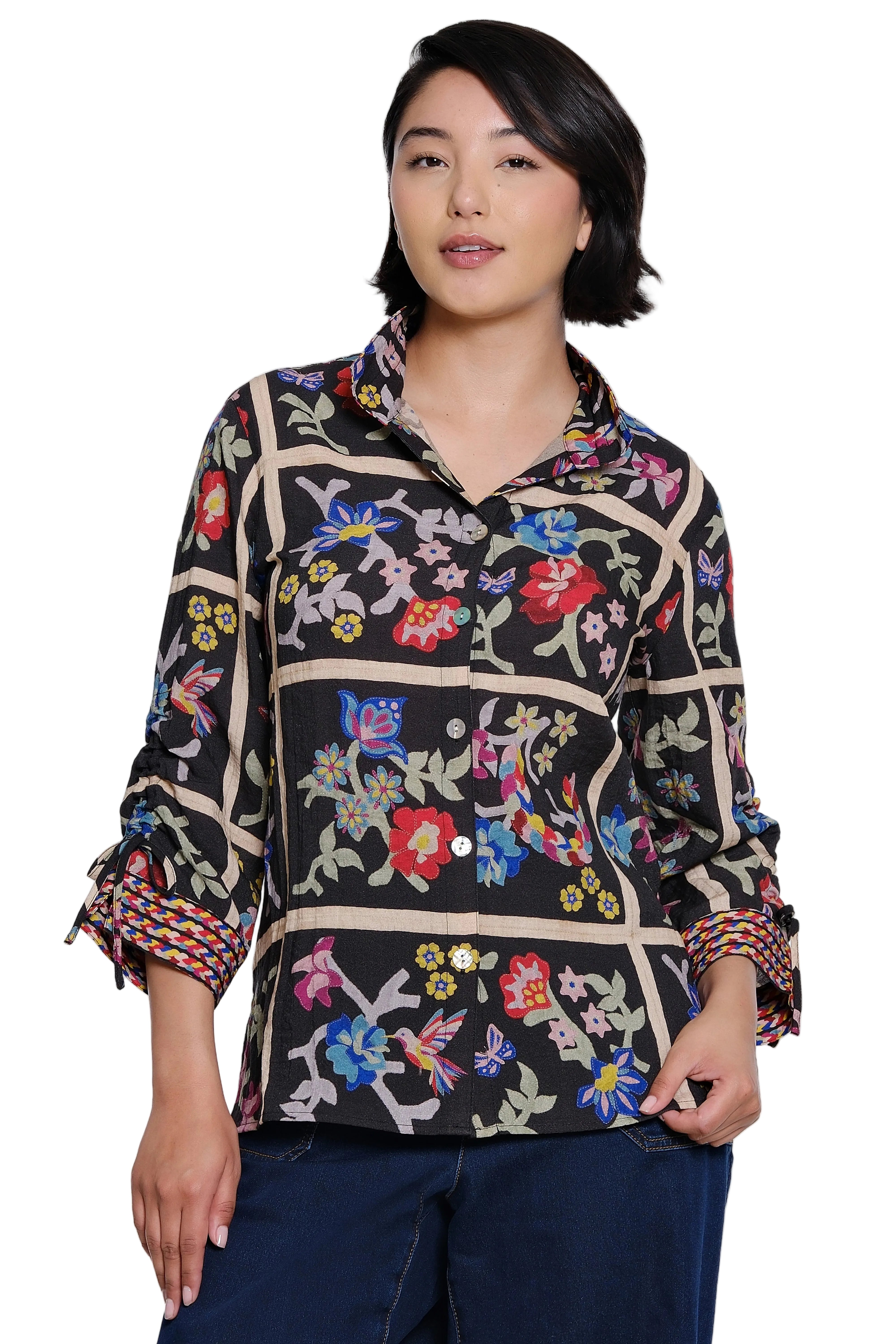 John Mark Woven Print 3/4 Cinch Sleeve Blouse (J36842BM) (Black Print)