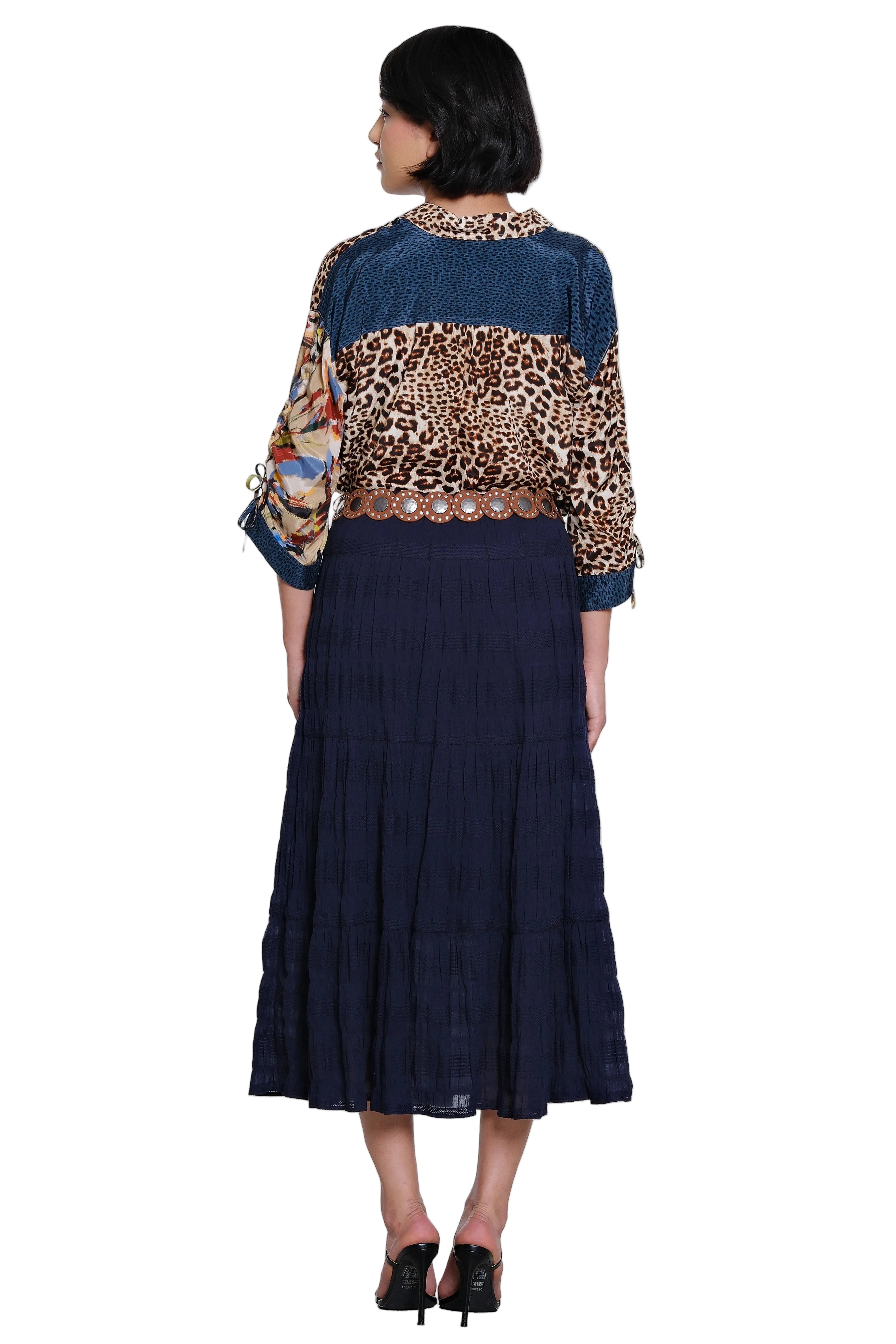 John Mark Woven Textured Tiered Pull-on Skirt with Belt (J36874SM) (Navy)
