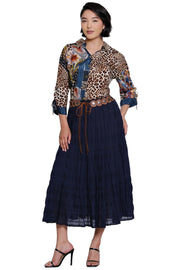 John Mark Woven Textured Tiered Pull-on Skirt with Belt (J36874SM) (Navy)