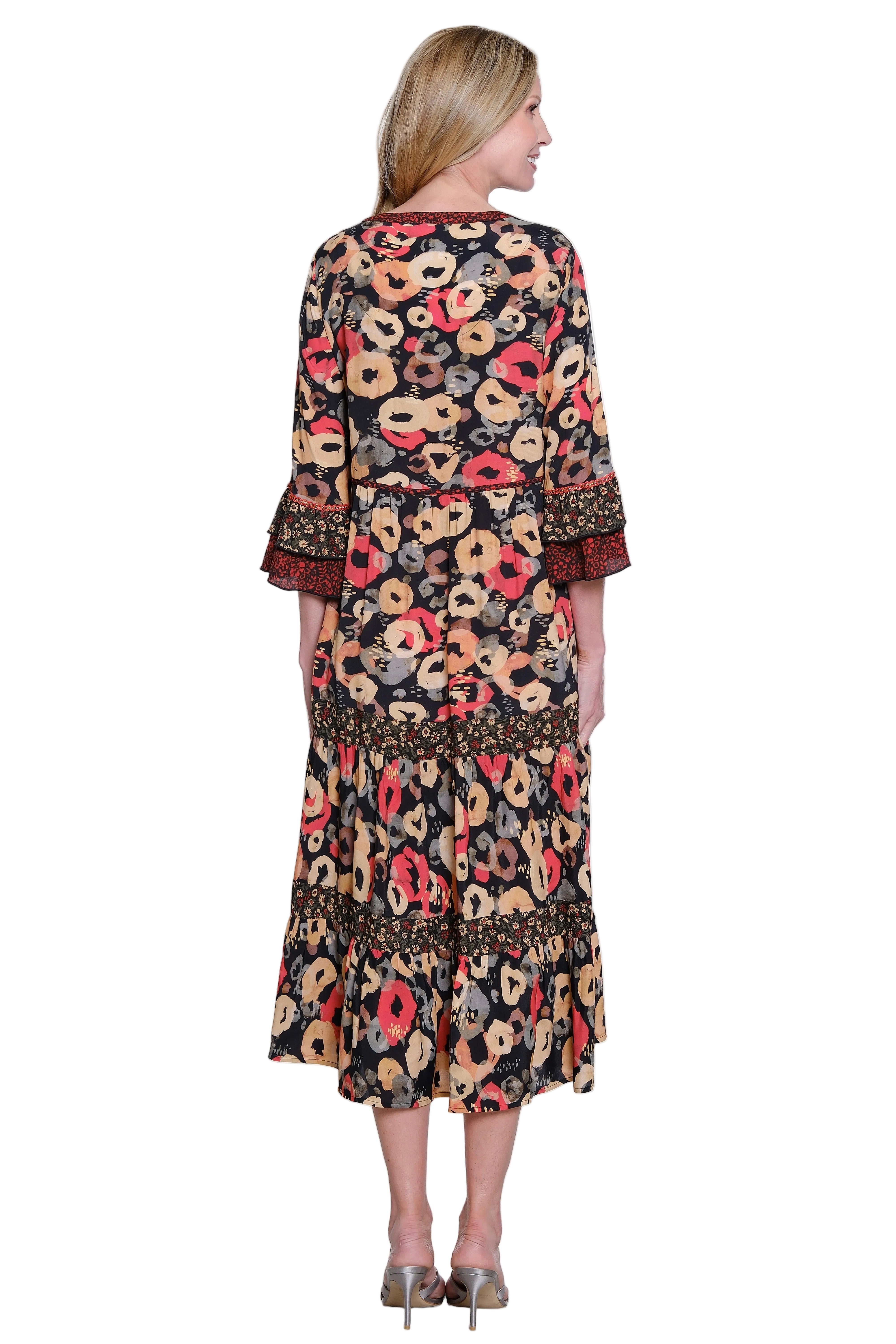 John Mark Woven Printed 3/4 Sleeve Popover Tiered Dress (J36881DM) (Floral Multi)