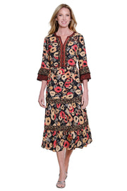 John Mark Woven Printed 3/4 Sleeve Popover Tiered Dress (J36881DM) (Floral Multi)