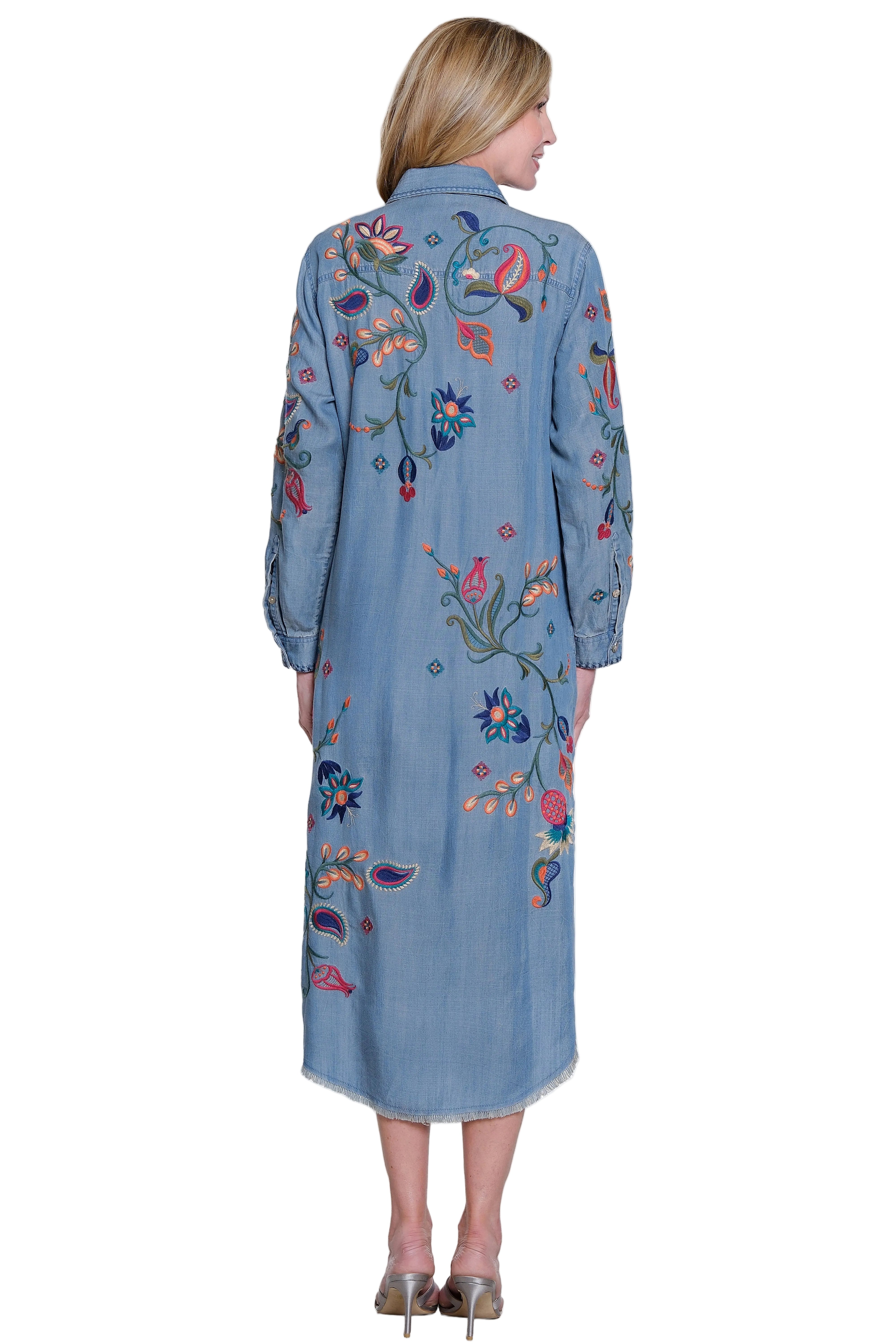 John Mark Woven Denim Button Front 3/4 Sleeve Dress with Embroidery (J36882DM) (Denim)