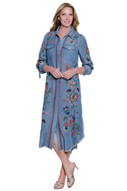 John Mark Woven Denim Button Front 3/4 Sleeve Dress with Embroidery (J36882DM) (Denim)