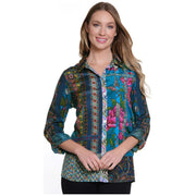 John Mark Mixed Print Button Front Roll Tab Sleeves Shirt (NVY)
