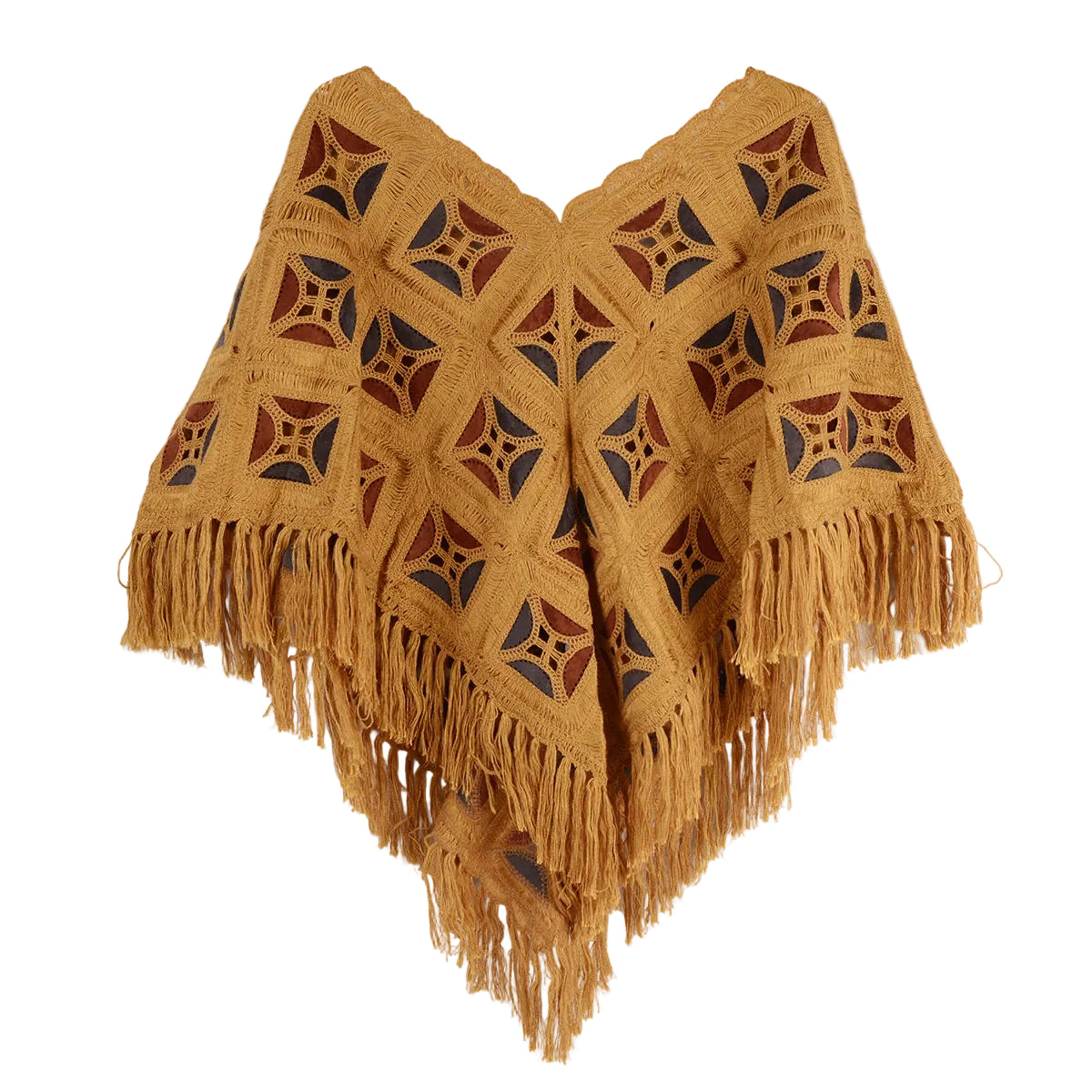 John Mark Knit Crochet V-Neck Popover Cape With Fringe Detail (J46525KM) (Classic Gold)