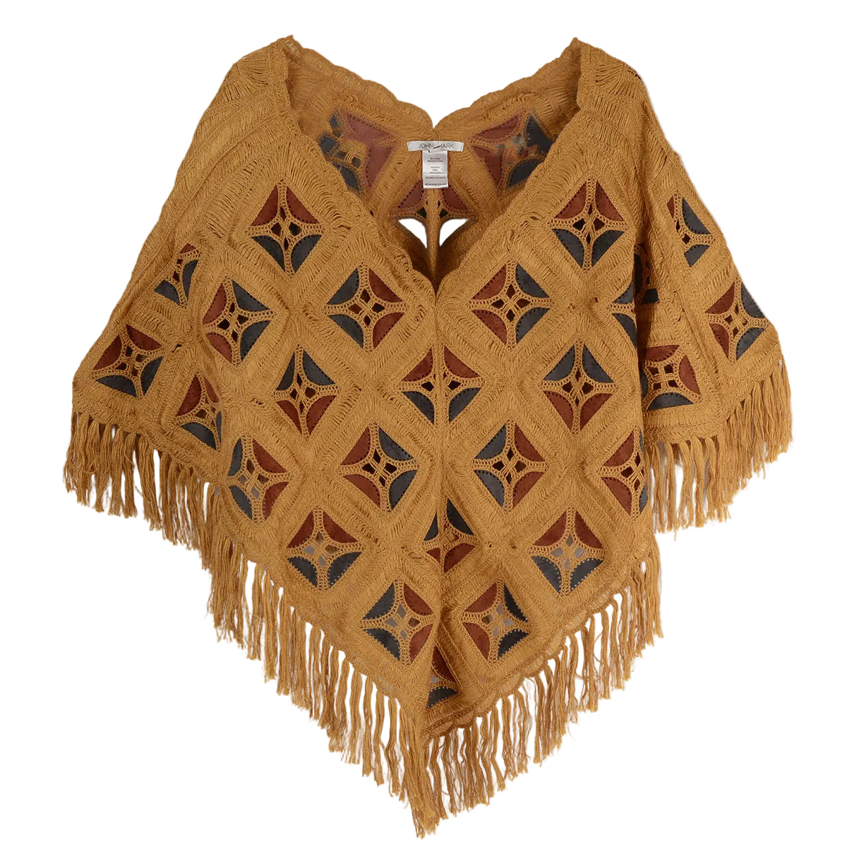 John Mark Knit Crochet V-Neck Popover Cape With Fringe Detail (J46525KM) (Classic Gold)