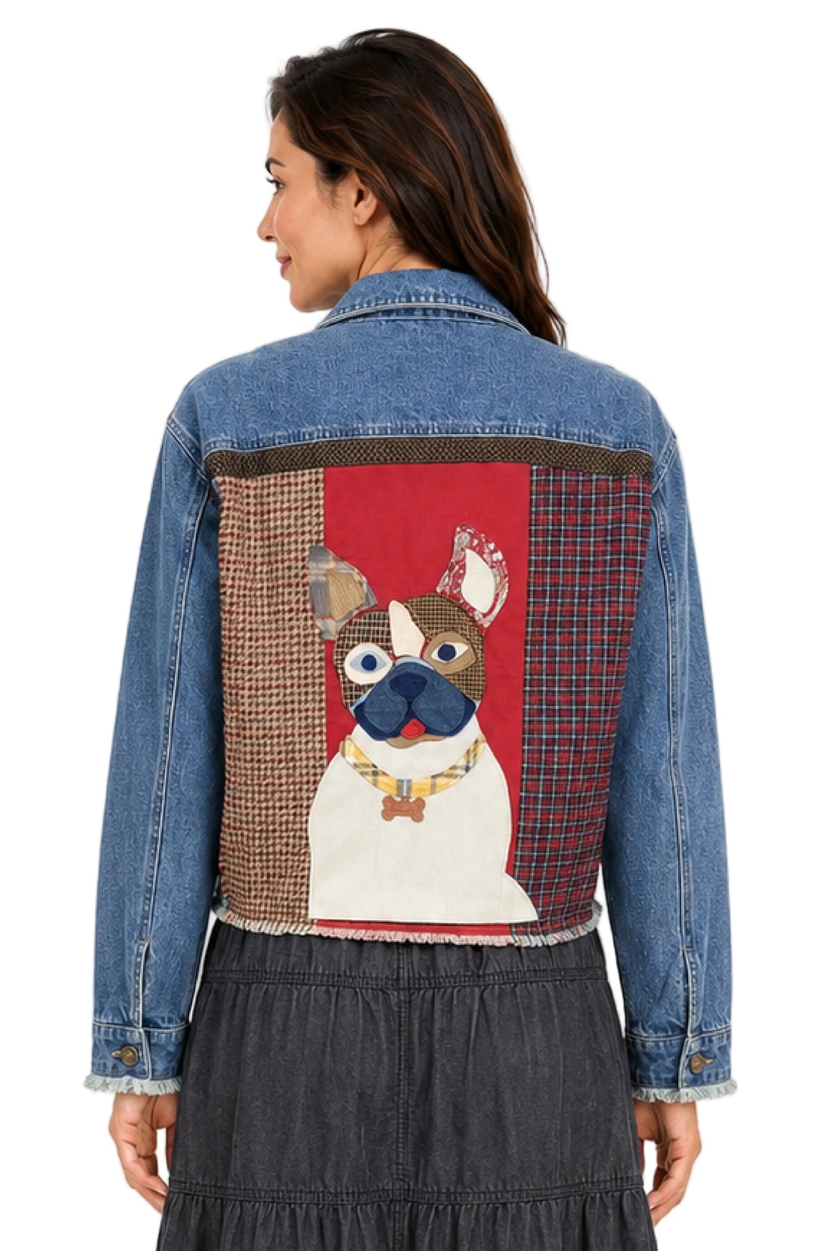 John Mark Woven Denim Patchwork Collared Button Front Long Sleeve Top (J46528JM) (Dog Print)