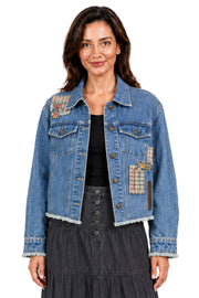 John Mark Woven Denim Patchwork Collared Button Front Long Sleeve Top (J46528JM) (Dog Print)