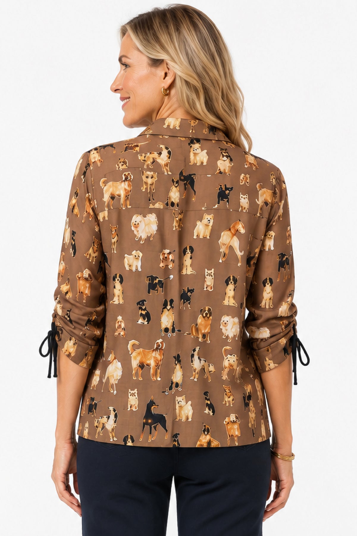 John Mark Woven Print Collared Button Front Cinch Long Sleeve Blouse (J46532BM) (Dog Print)