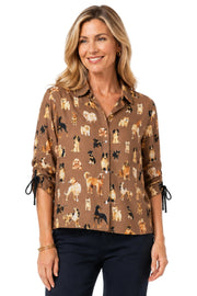 John Mark Woven Print Collared Button Front Cinch Long Sleeve Blouse (J46532BM) (Dog Print)