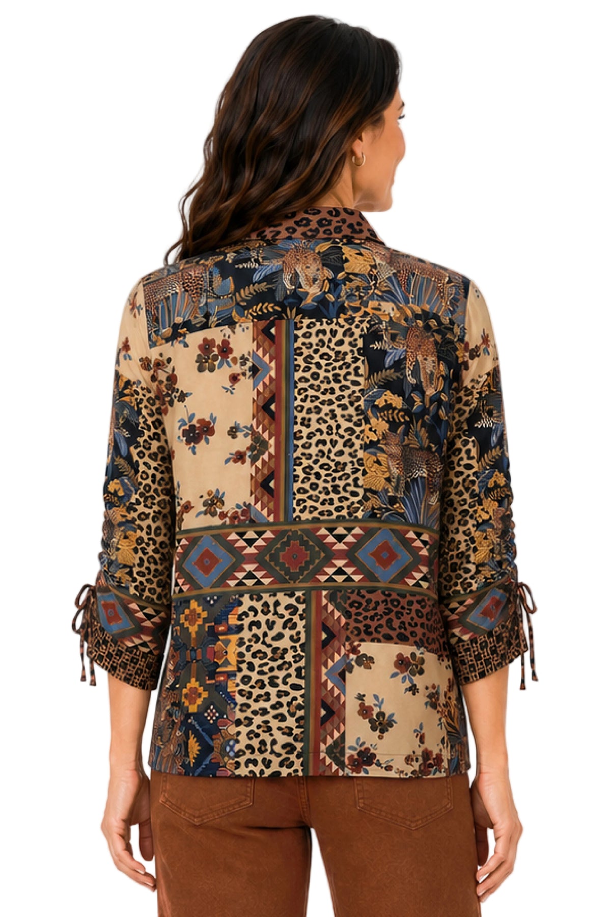John Mark Woven Mix Print Wire Collar Button Front Cinch Top (J46534BM) (Multi)