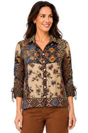 John Mark Woven Mix Print Wire Collar Button Front Cinch Top (J46534BM) (Multi)