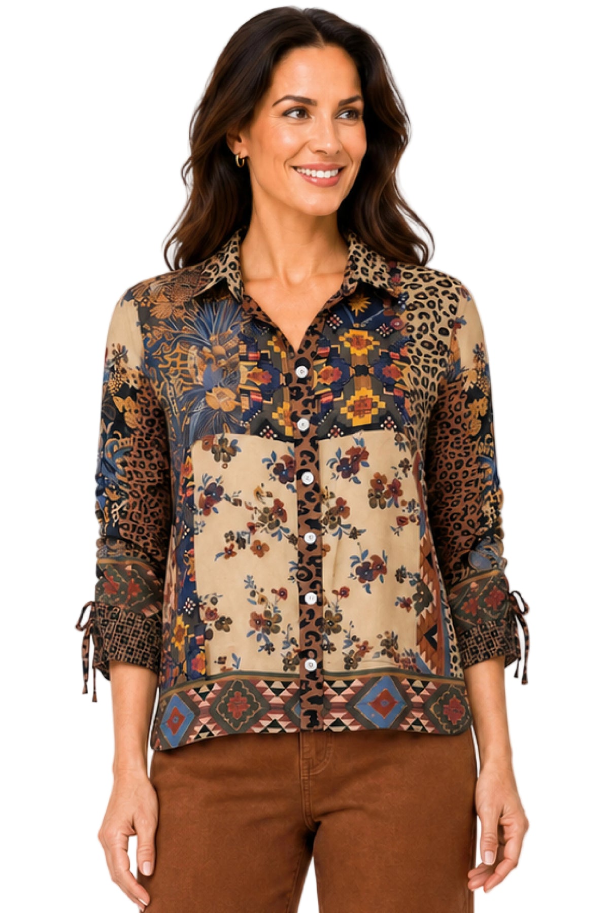 John Mark Woven Mix Print Wire Collar Button Front Cinch Top (J46534BM) (Multi)