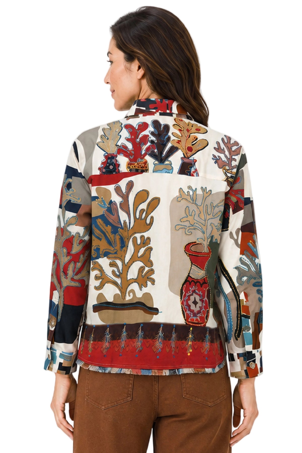John Mark Woven Mix Print Wired Collar Button Front Roll Tab Long Sleeve Top (J46535BM) (Multi)