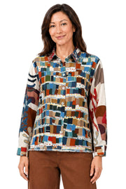 John Mark Woven Mix Print Wired Collar Button Front Roll Tab Long Sleeve Top (J46535BM) (Multi)