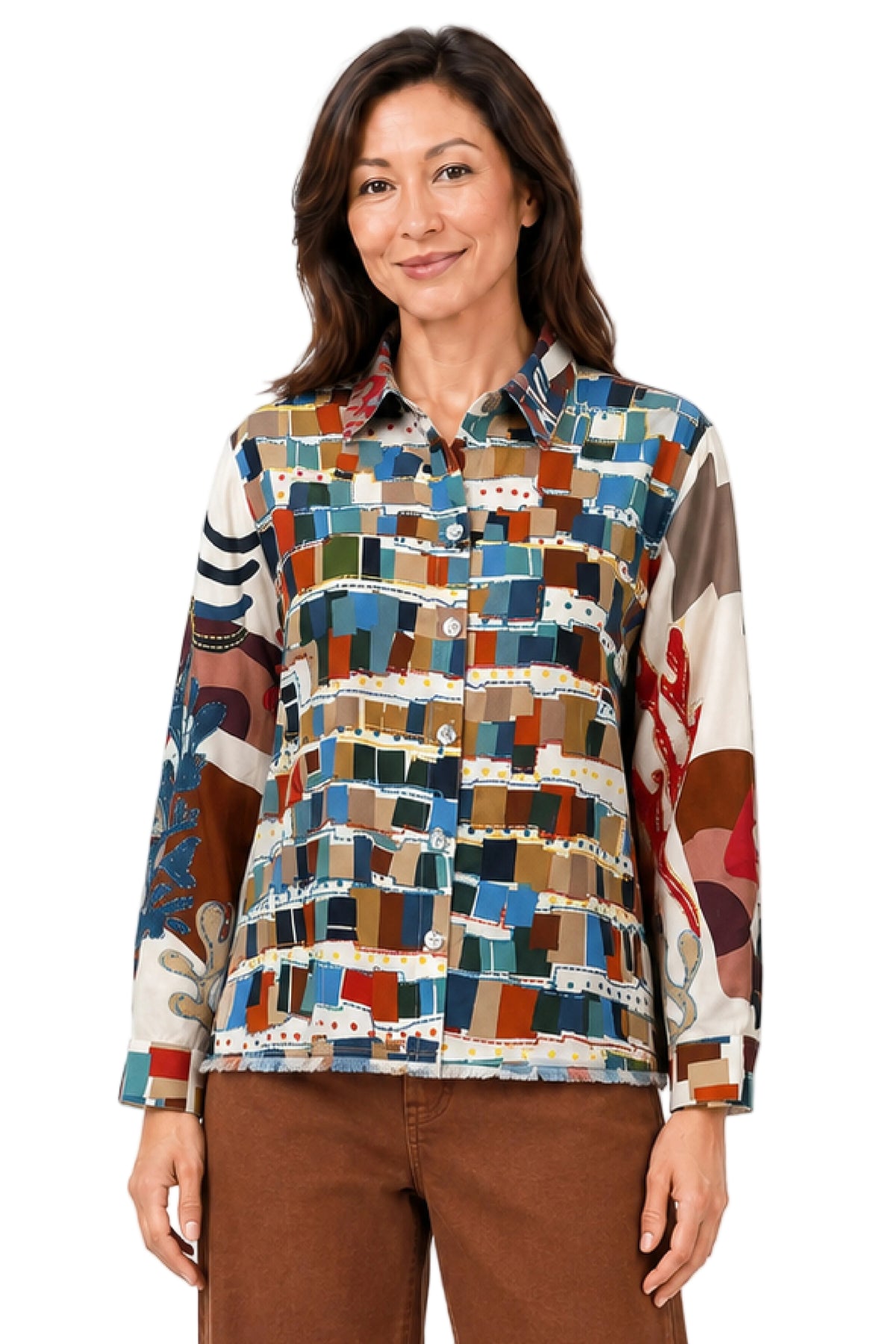 John Mark Woven Mix Print Wired Collar Button Front Roll Tab Long Sleeve Top (J46535BM) (Multi)