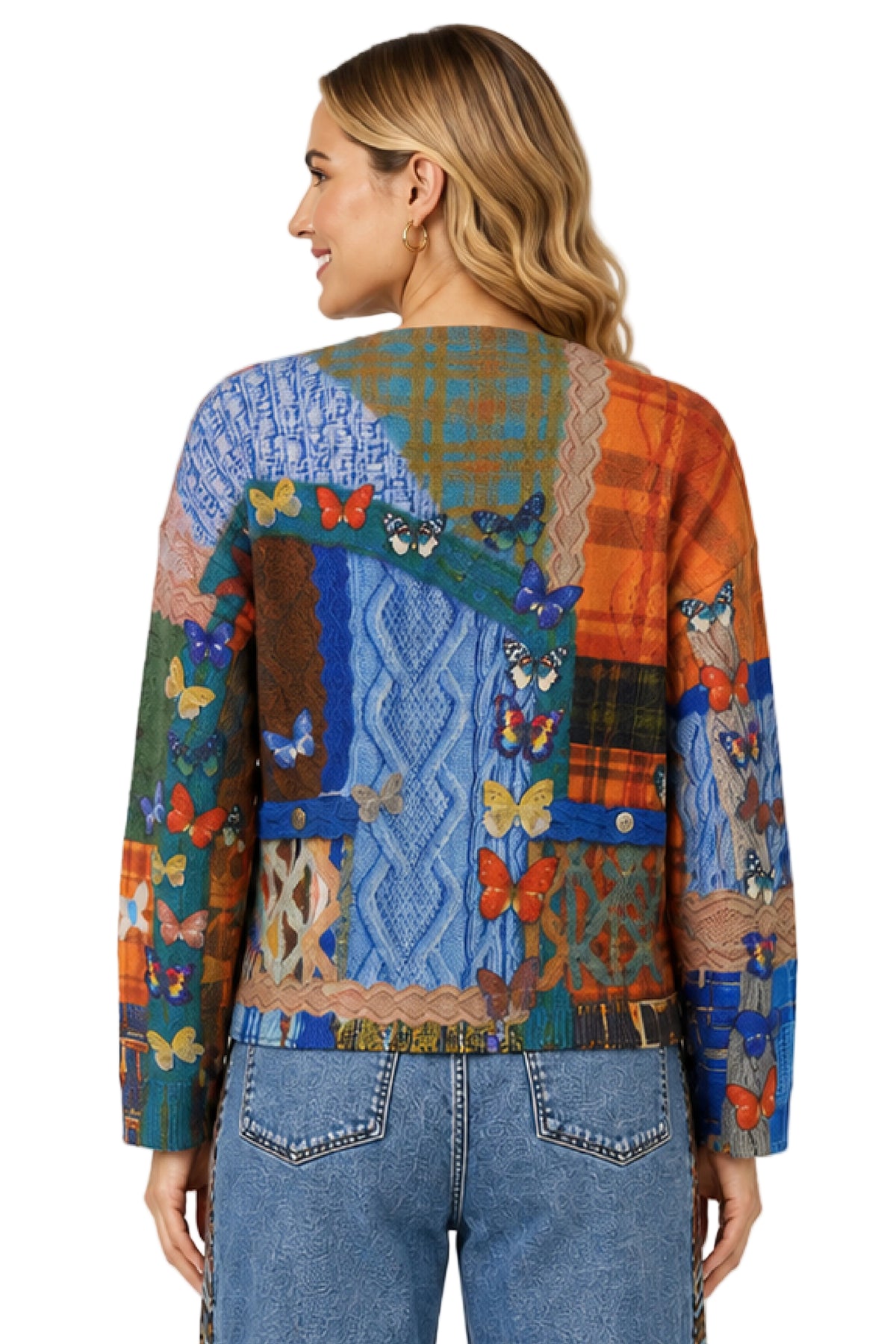 John Mark Knit Patch work Butterfly Mix Print V-Neck Button Front Long Sleeve Cardigan (J46536JM) (Print)