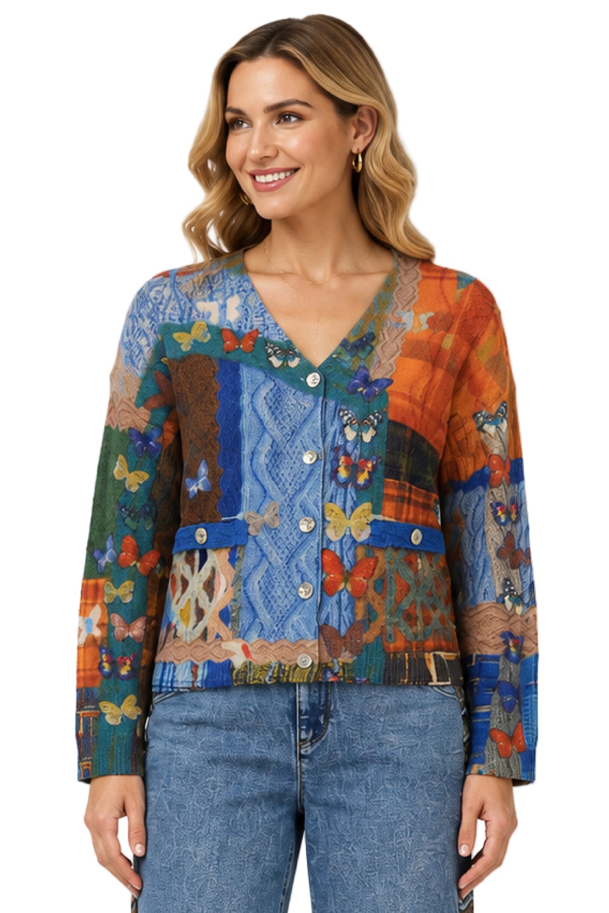 John Mark Knit Patch work Butterfly Mix Print V-Neck Button Front Long Sleeve Cardigan (J46536JM) (Print)
