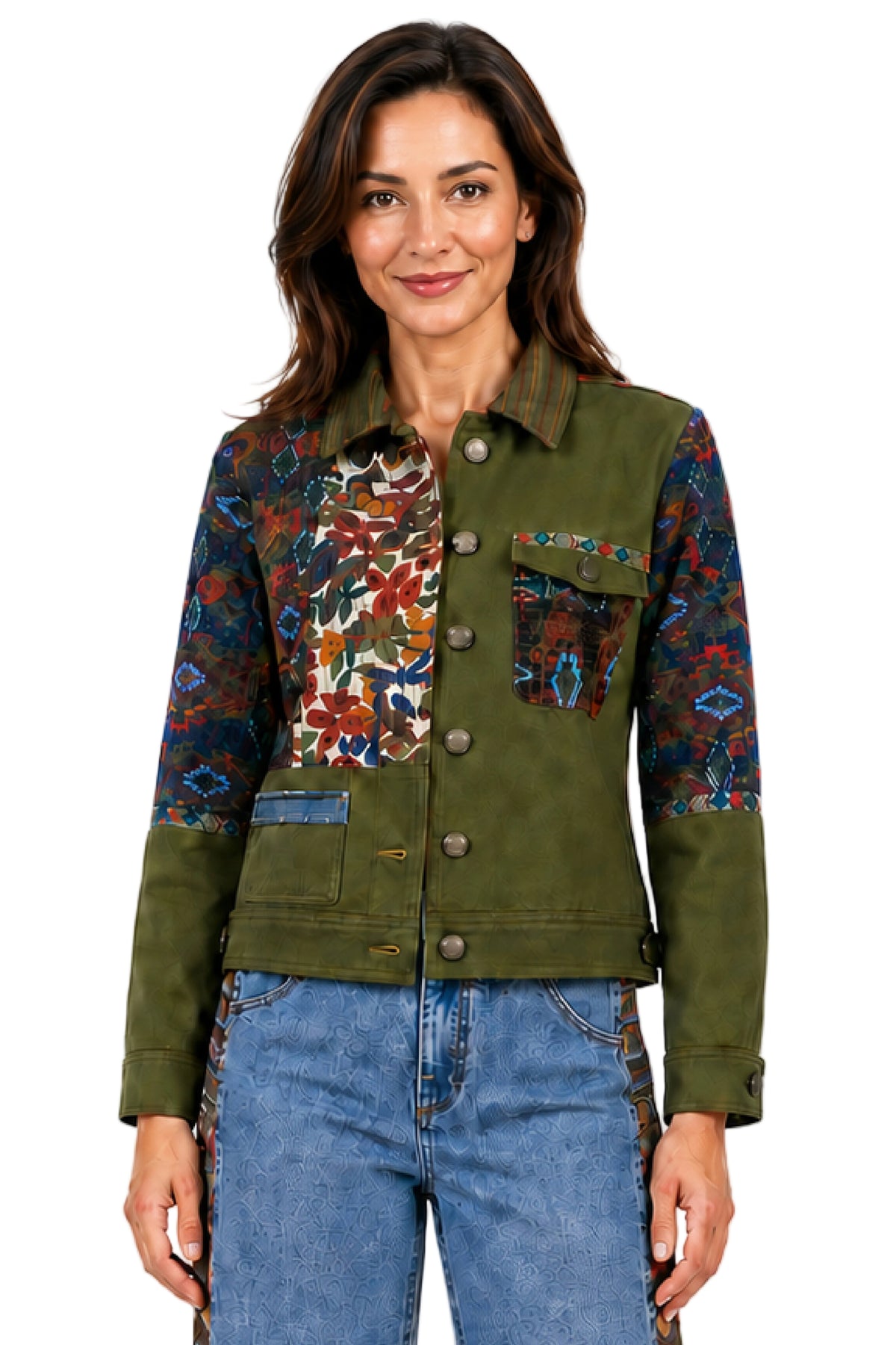 John Mark Woven Mix Print Collared Jacket With Front Buttons Long Sleeve ( J46538JM) (Multi)