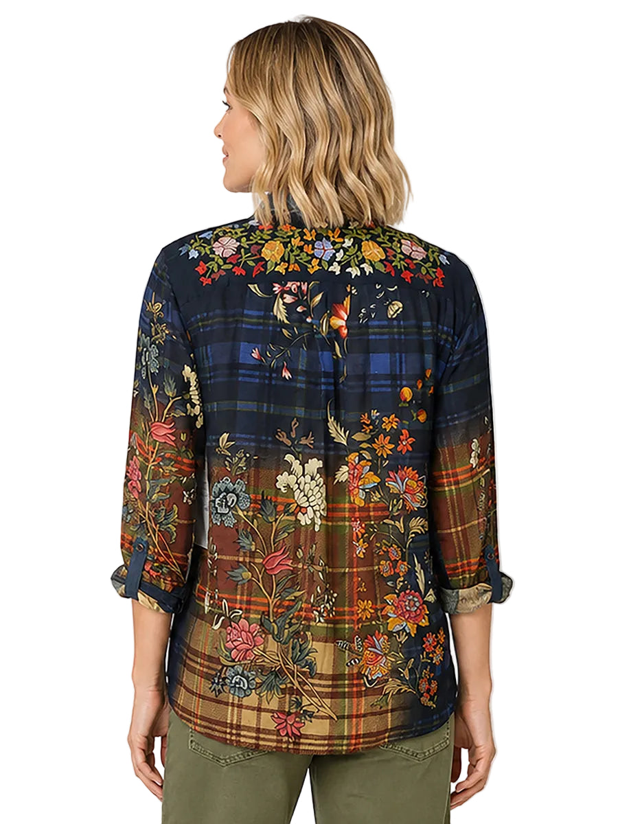 John Mark Woven Collared Button Front Long Sleeve Blouse With Embroidery (J46545BM) (Multi)