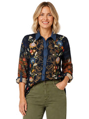 John Mark Woven Collared Button Front Long Sleeve Blouse With Embroidery (J46545BM) (Multi)