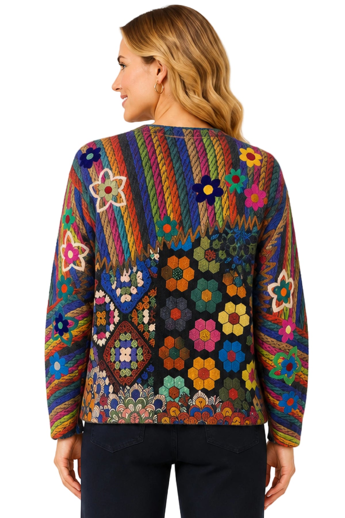 John Mark Knit Mix Print V-neck Button Front Long Sleeve Cardigan Sweater (J46546JM) (Multi)