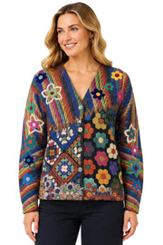 John Mark Knit Mix Print V-neck Button Front Long Sleeve Cardigan Sweater (J46546JM) (Multi)