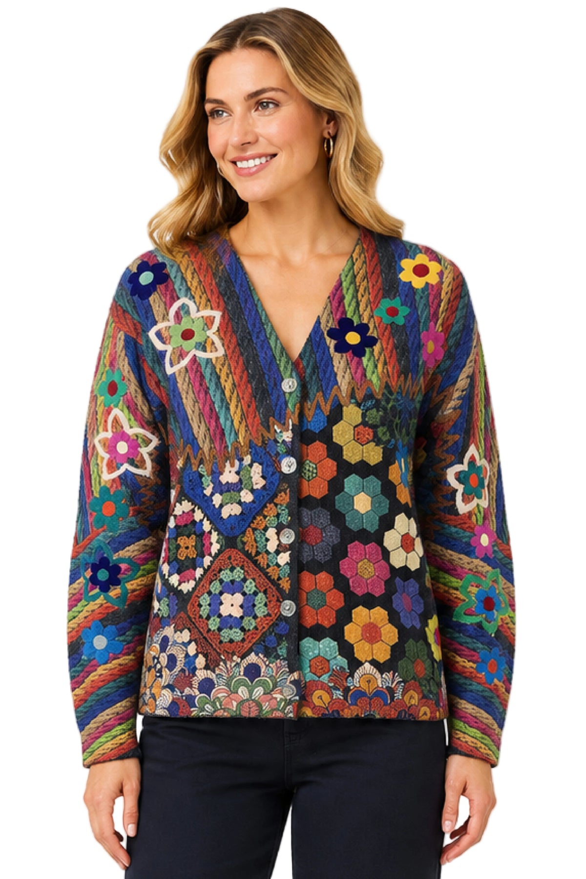 John Mark Knit Mix Print V-neck Button Front Long Sleeve Cardigan Sweater (J46546JM) (Multi)