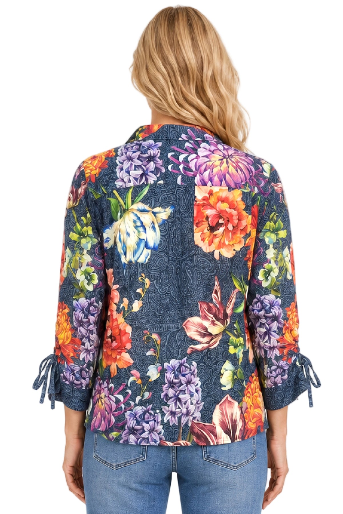 John Mark Woven Print Collared Button Front Cinch Long Sleeve Top (J46551TM) (Multi)