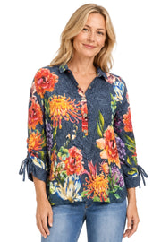 John Mark Woven Print Collared Button Front Cinch Long Sleeve Top (J46551TM) (Multi)