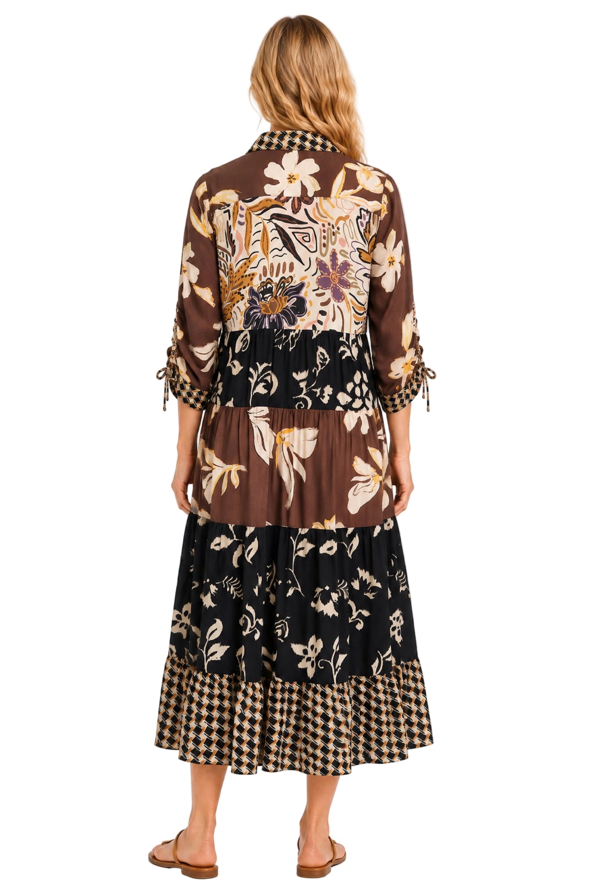 John Mark Woven Mix Print Collared Button Front Cinch Long Sleeve Dress(J46581DM) (Multi)