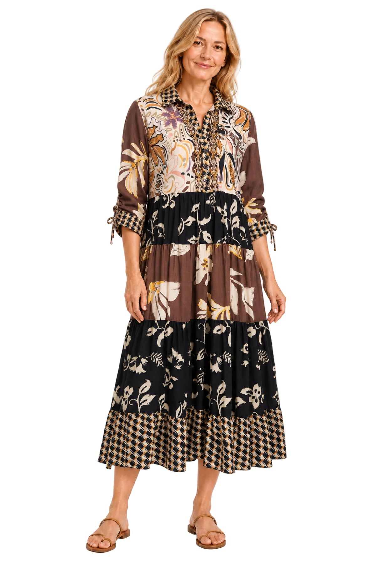 John Mark Woven Mix Print Collared Button Front Cinch Long Sleeve Dress(J46581DM) (Multi)