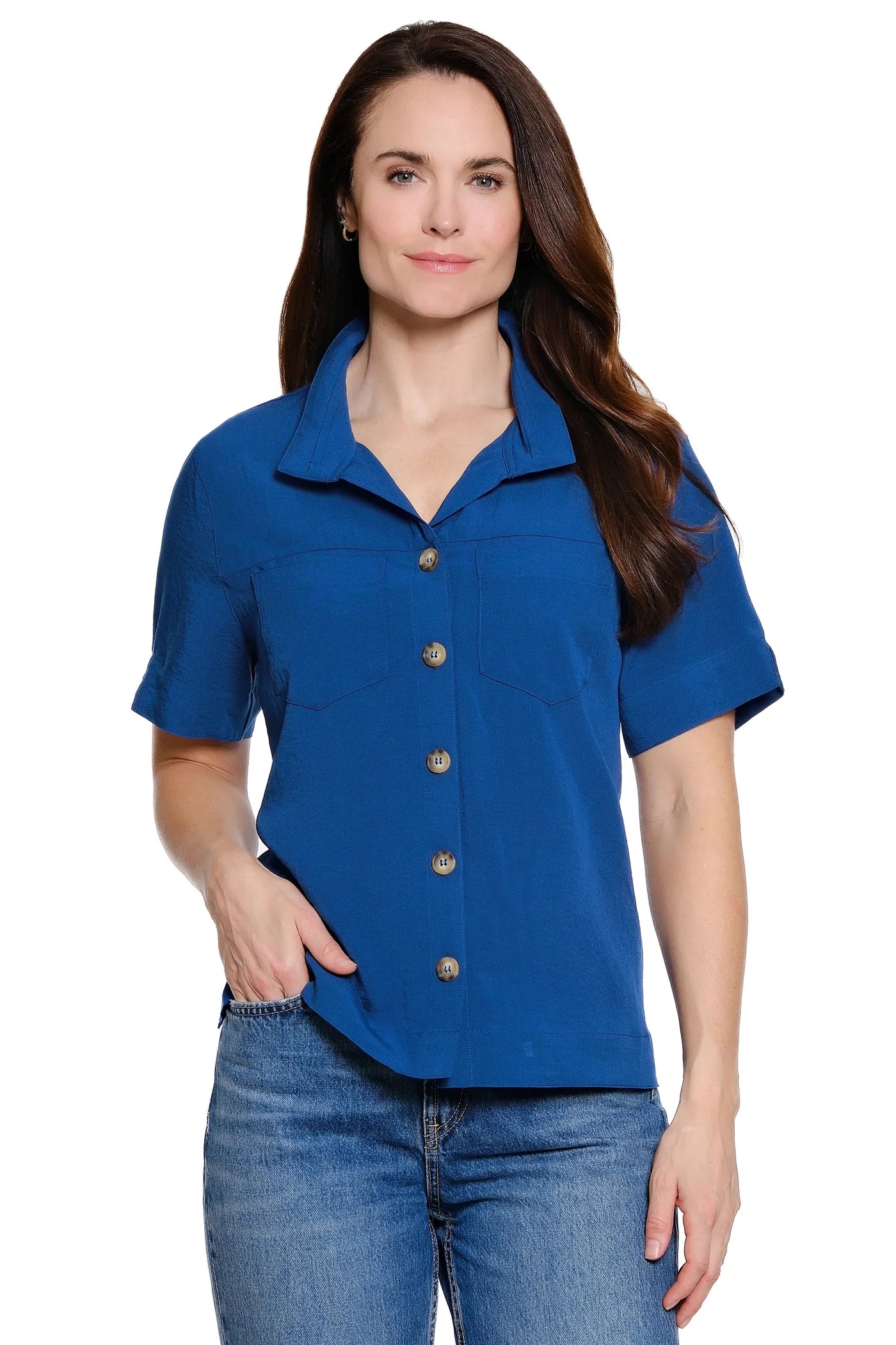 John Mark Solid Short Sleeve Blouse (J56130BM)(Navy)