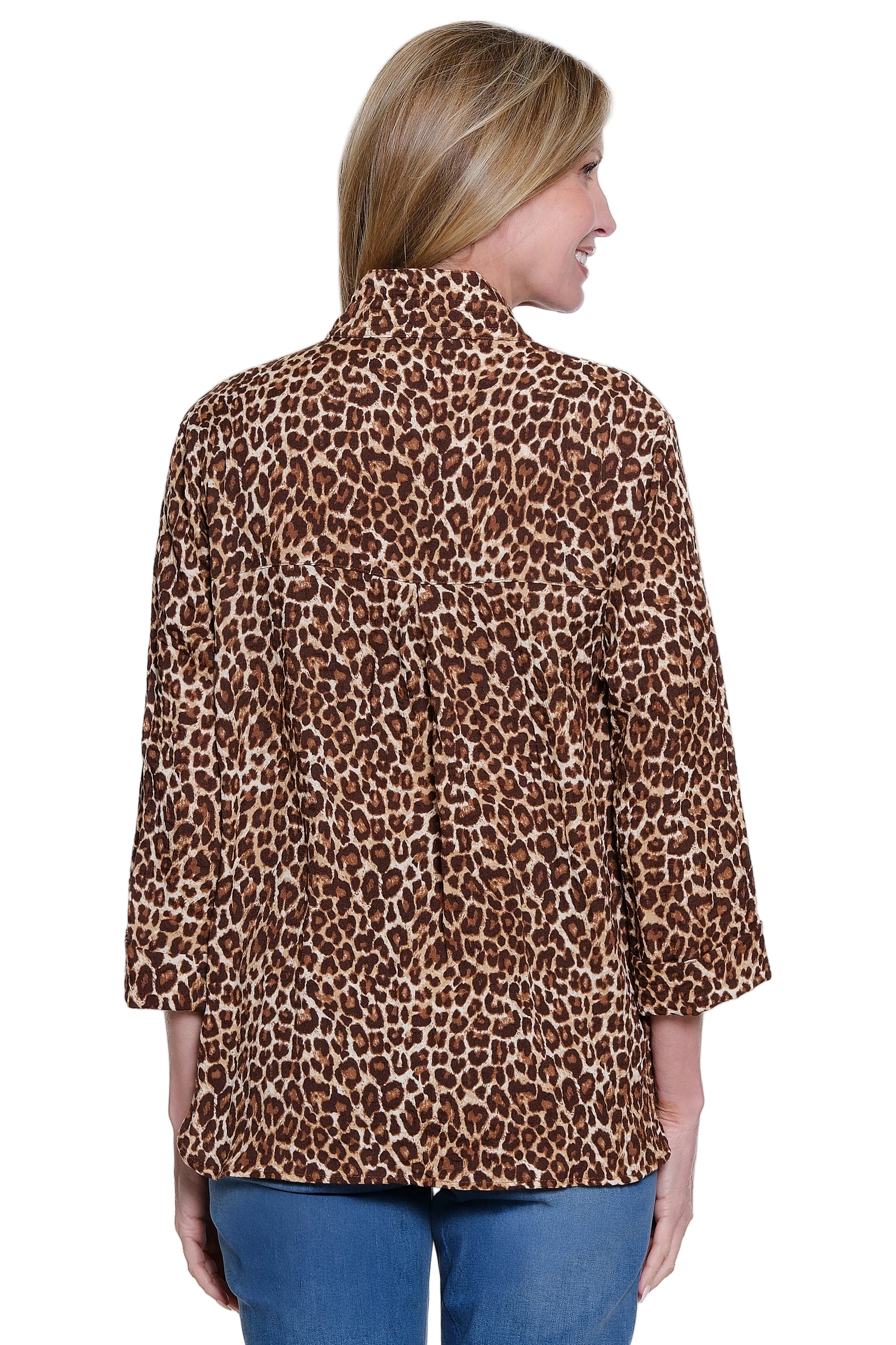John Mark Woven Cheetah Print Button Down Blouse with 3/4 Sleeves (J66126BM)