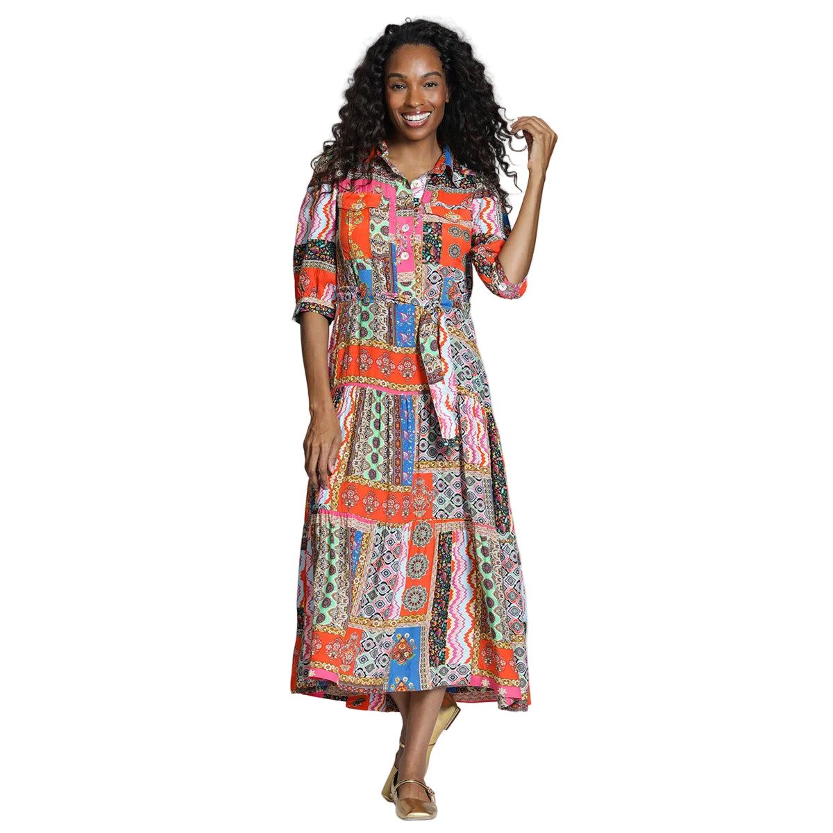 APNY Long Tiered Dress with Elbow Sleeve (Hot Coral Multi ) (J75A)