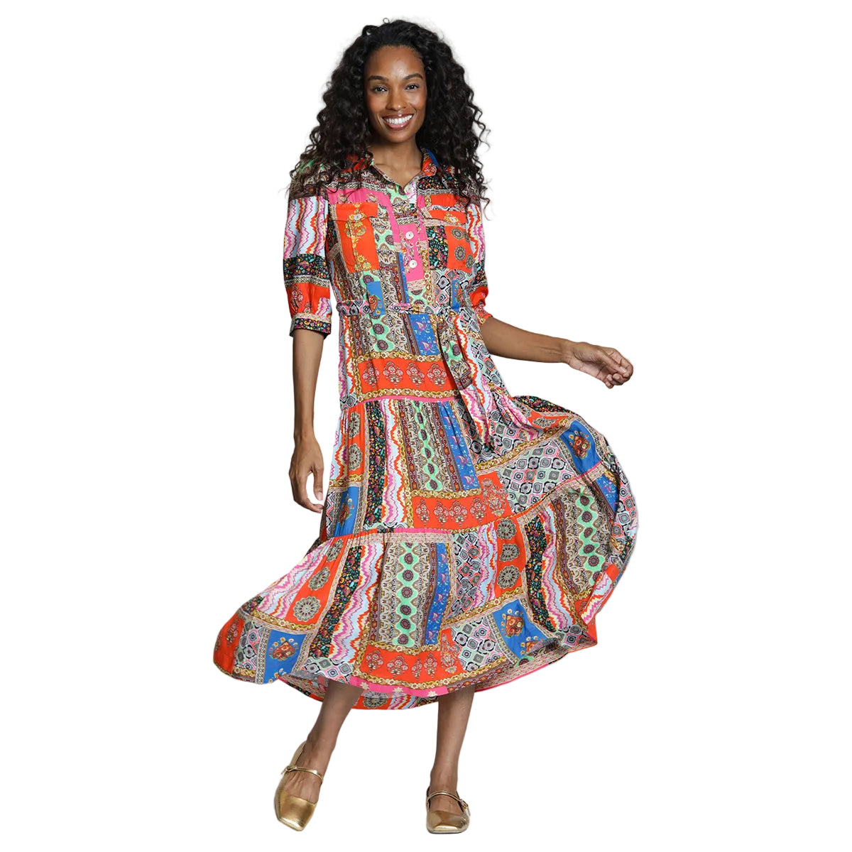 APNY Long Tiered Dress with Elbow Sleeve (Hot Coral Multi ) (J75A)