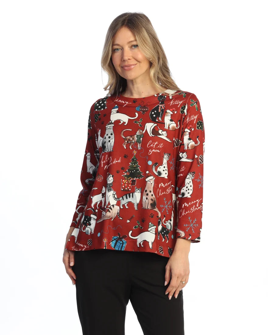 Jess & Jane Meow Christmas Brushed Hacci Tunic Top with Side Slits (JK1-2240)(Multi)