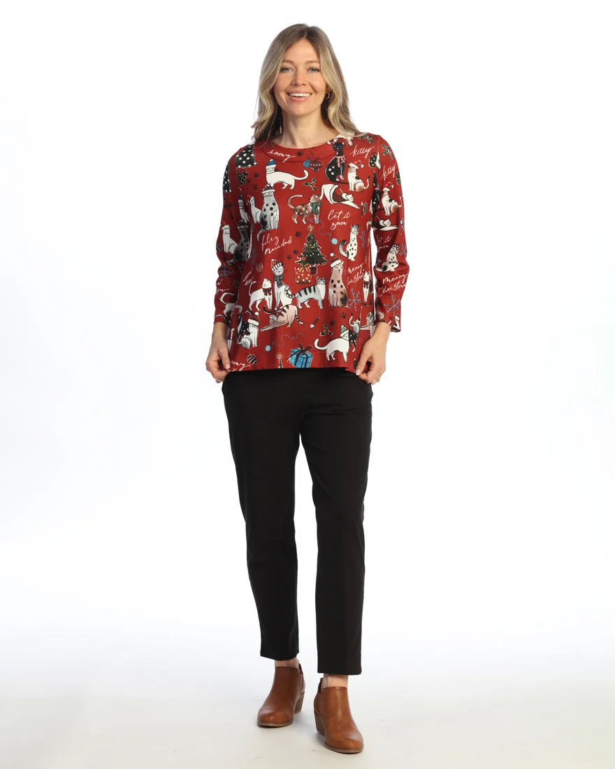 Jess & Jane Meow Christmas Brushed Hacci Tunic Top with Side Slits (JK1-2240)(Multi)