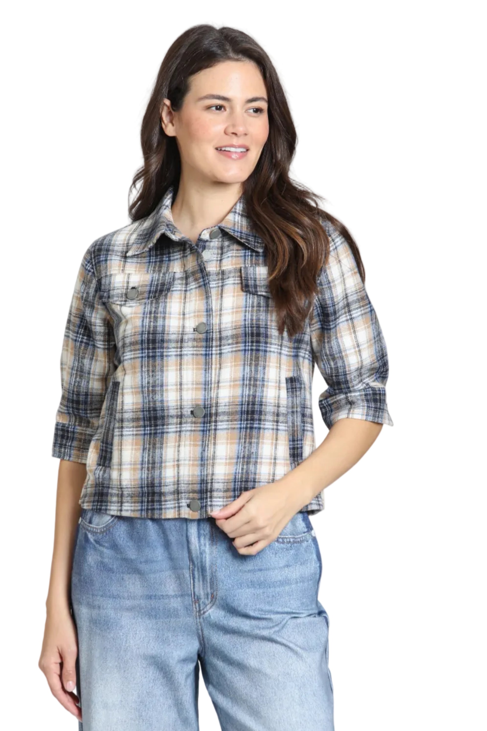 APNY Windowpane Plaid Jean Jacket With Elbow Sleeves (K122) (Toffee)