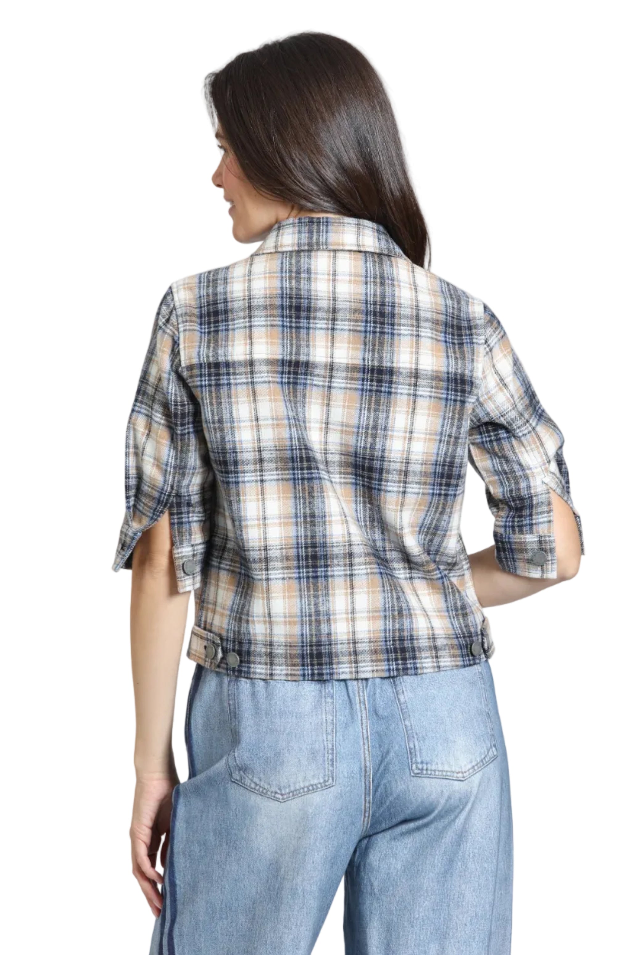 APNY Windowpane Plaid Jean Jacket With Elbow Sleeves (K122) (Toffee)