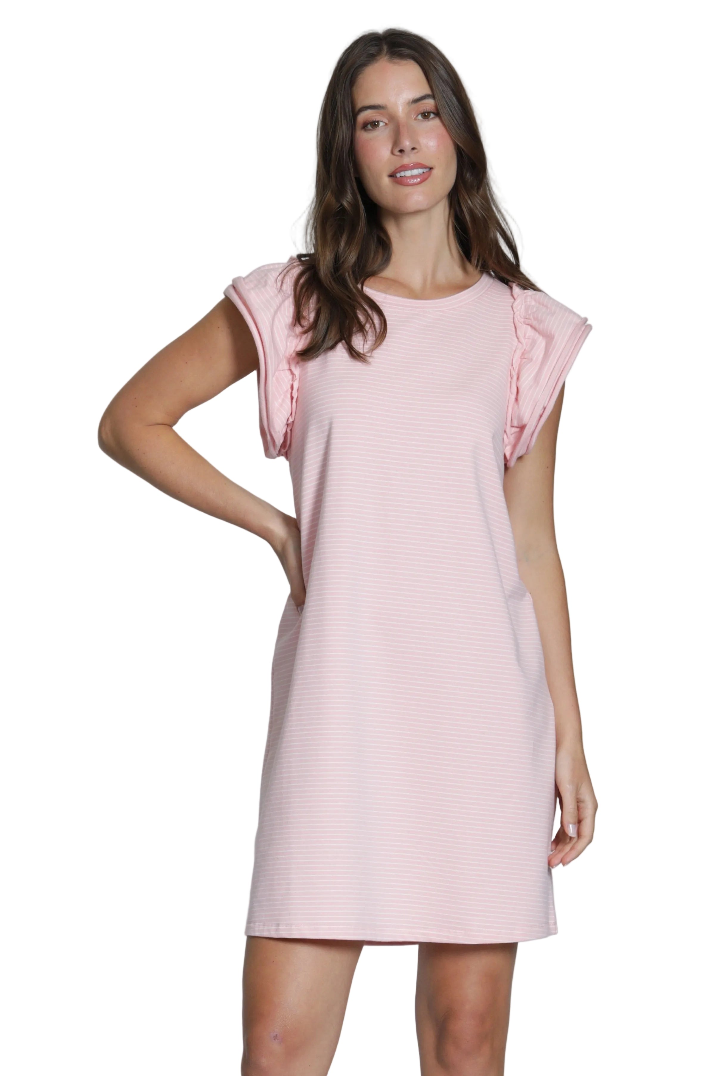 APNY Double Ruffle Sleeve Stripe  Dress (K360A)(Pink & White)