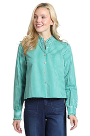 APNY Zip Cropped Button Front Shirt with Ruffle Detail (K78E(Emerald)