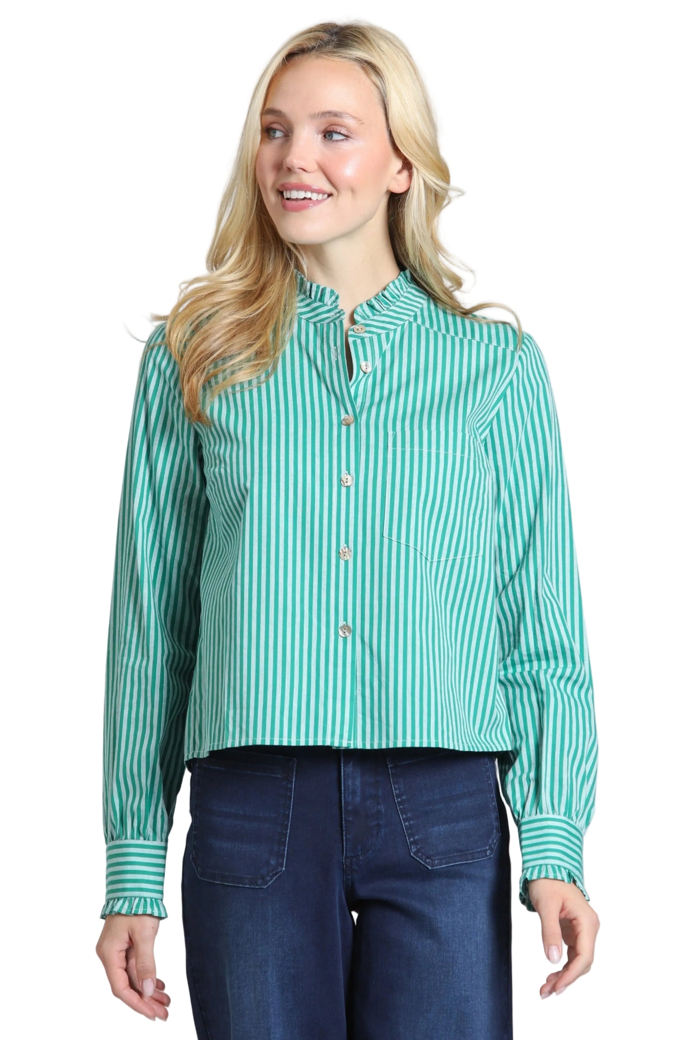APNY Zip Cropped Button Front Shirt with Ruffle Detail (K78E(Emerald)