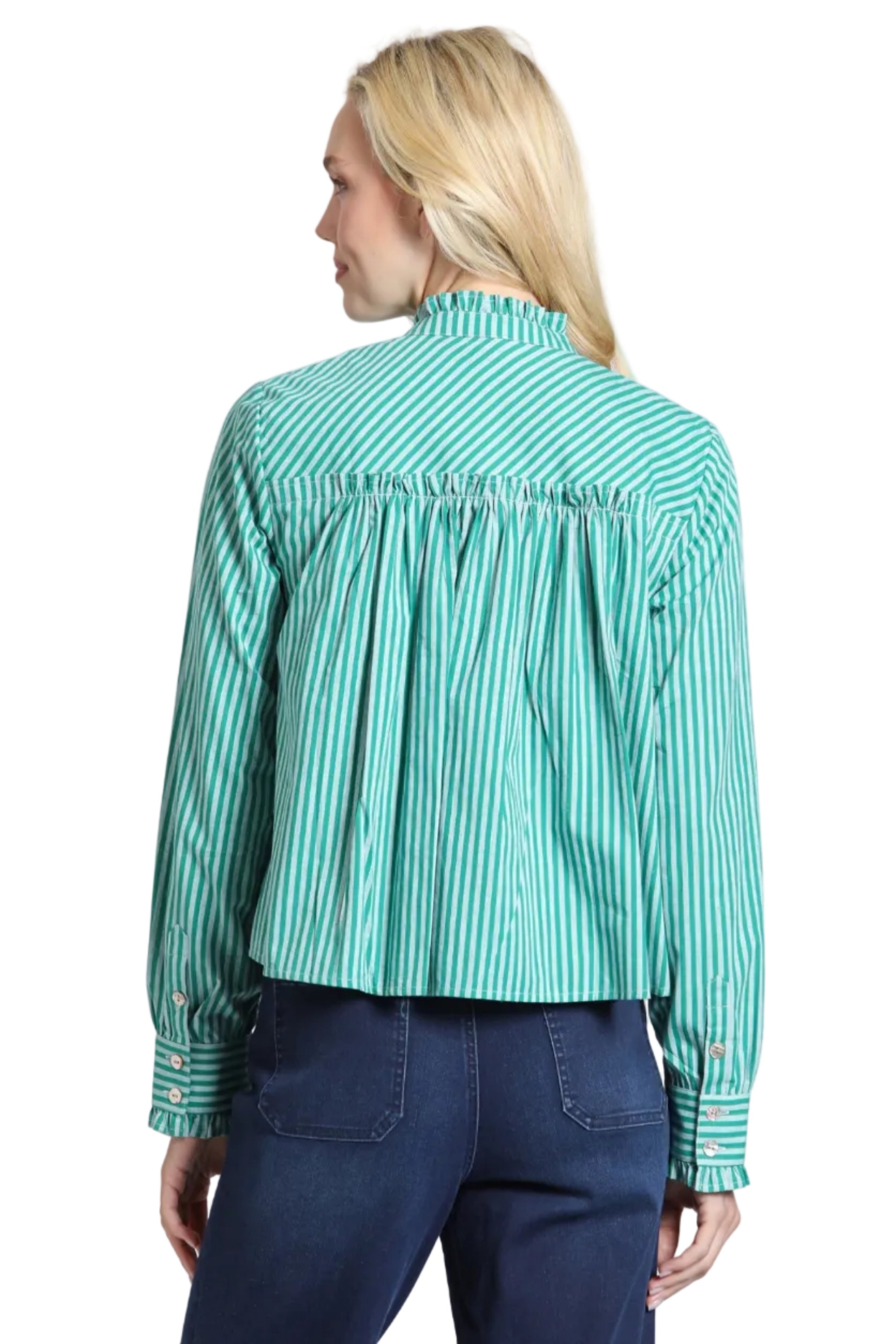 APNY Zip Cropped Button Front Shirt with Ruffle Detail (K78E(Emerald)