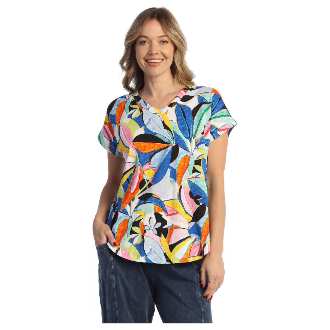 Jess & Jane Cabana Bright Multi Print Dolman V-Neck Top